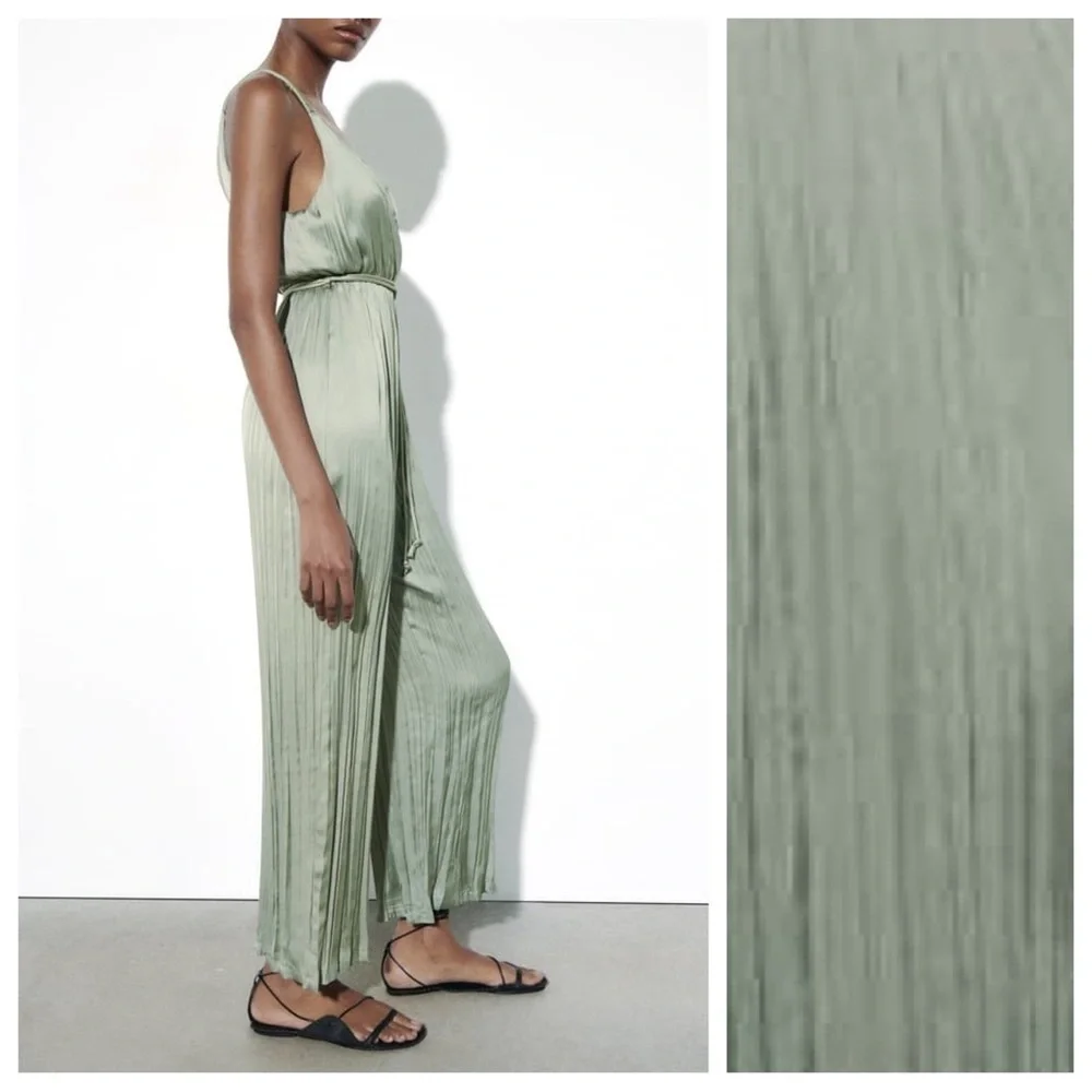 NWT. Zara Green Satin Effect Wrinkled Effect/Pleaded Jumpsuit. Size L. - Picture 2 of 9